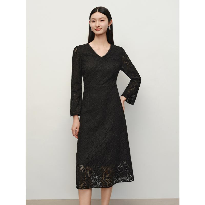 Jiuzi Anna Kou Romantic, Elegant, and High end V-neck Lace Light Dress for Women 2024 Autumn New Collection