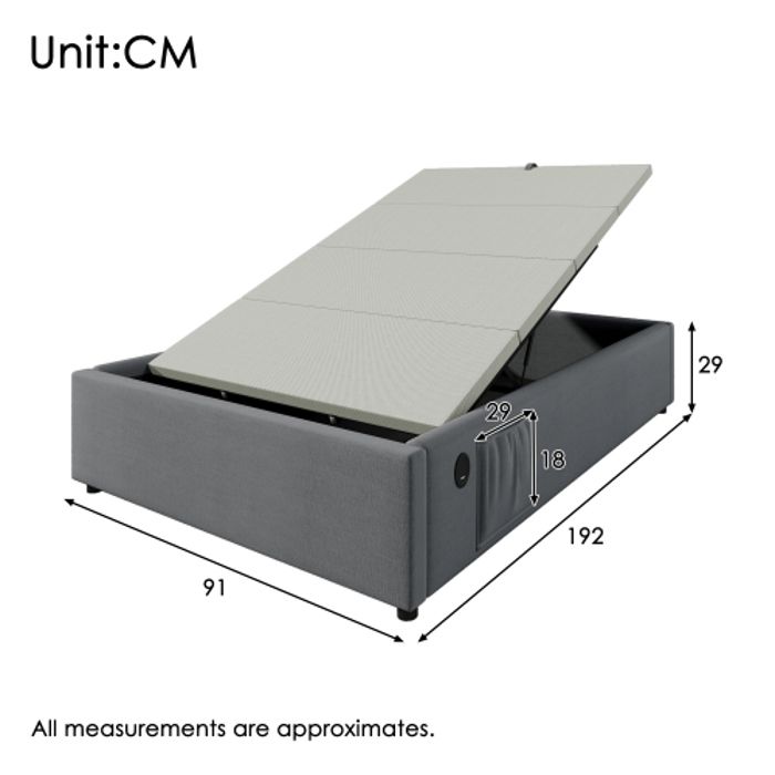 Lit - MUVOE - 90 x 190 cm - Rembourré - USB-C - Bois massif - Gris