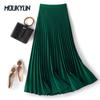 Women Midi Skirt Elastic High Waist Satin Pleated Skirt Solid Color Long Skirt Work Leisure Daily Wear
