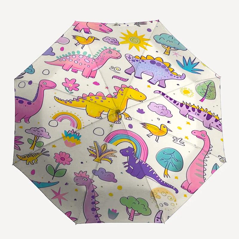 Dinosaur, Rainbow Themed Automatic Opening and Closing Umbrella, Compact Travel Umbrella, Lightweight and Portable, Suitable for Beach Commu