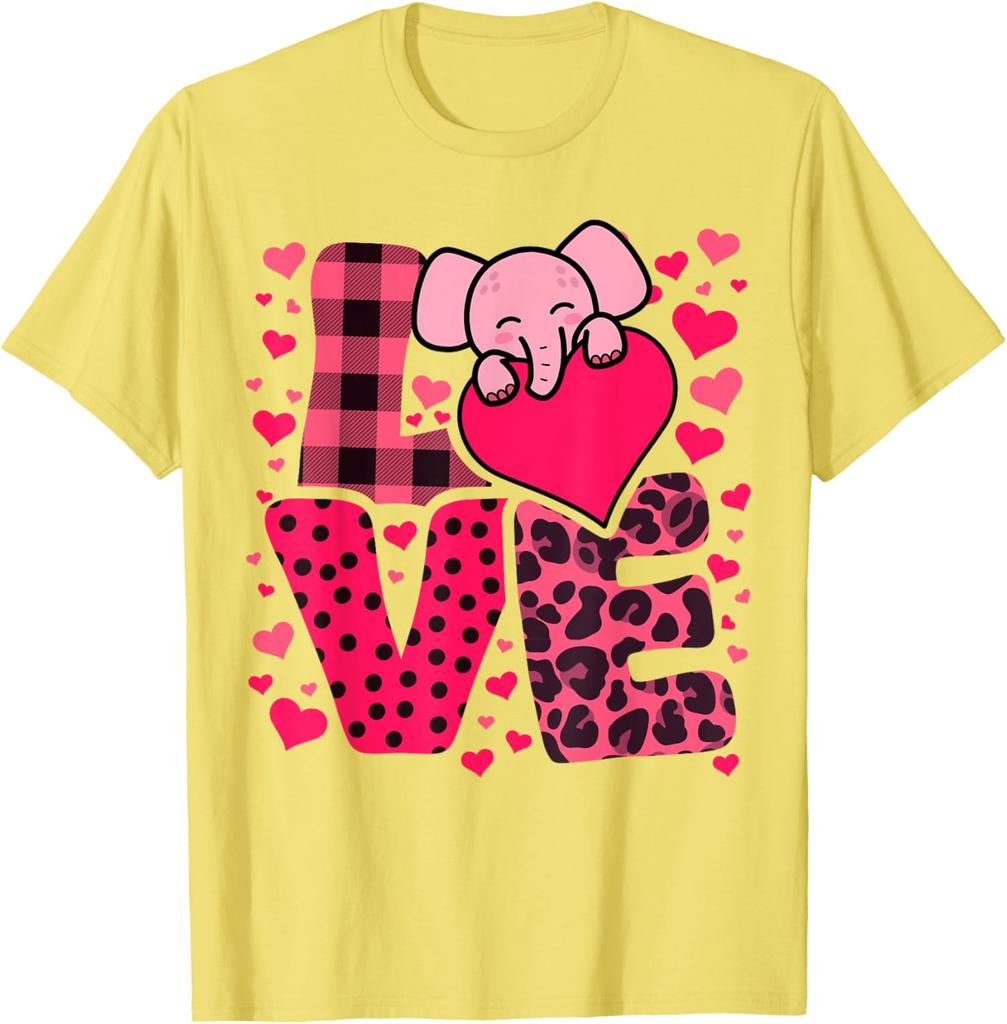 Cute Elephant Love Hearts Valentines Day Graphic Tee Soft Breathable Casual T-Shirt