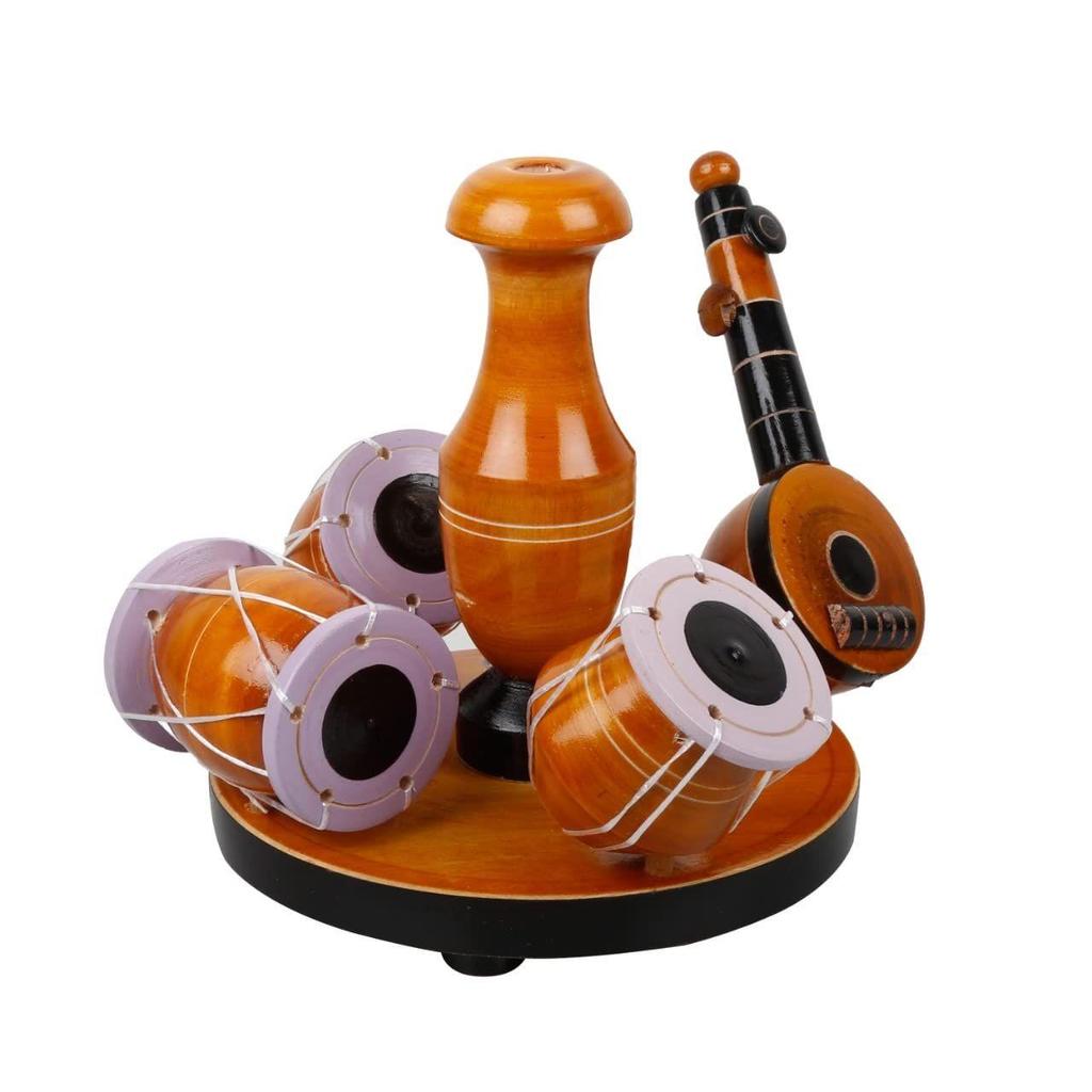 Handcrafted Traditions of South India Wooden Tabla & Veena Showpiece for Home Decor,Vintage Wooden Musical Showpiece.