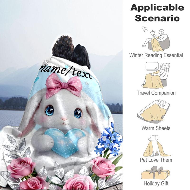 1PC Custom Name Cute Bunny Heart outdooor Flannel blankets Throw Blanket All-Season Throw Gift Bedspread for Couch, Bed, Camping Holiday Birthday gift