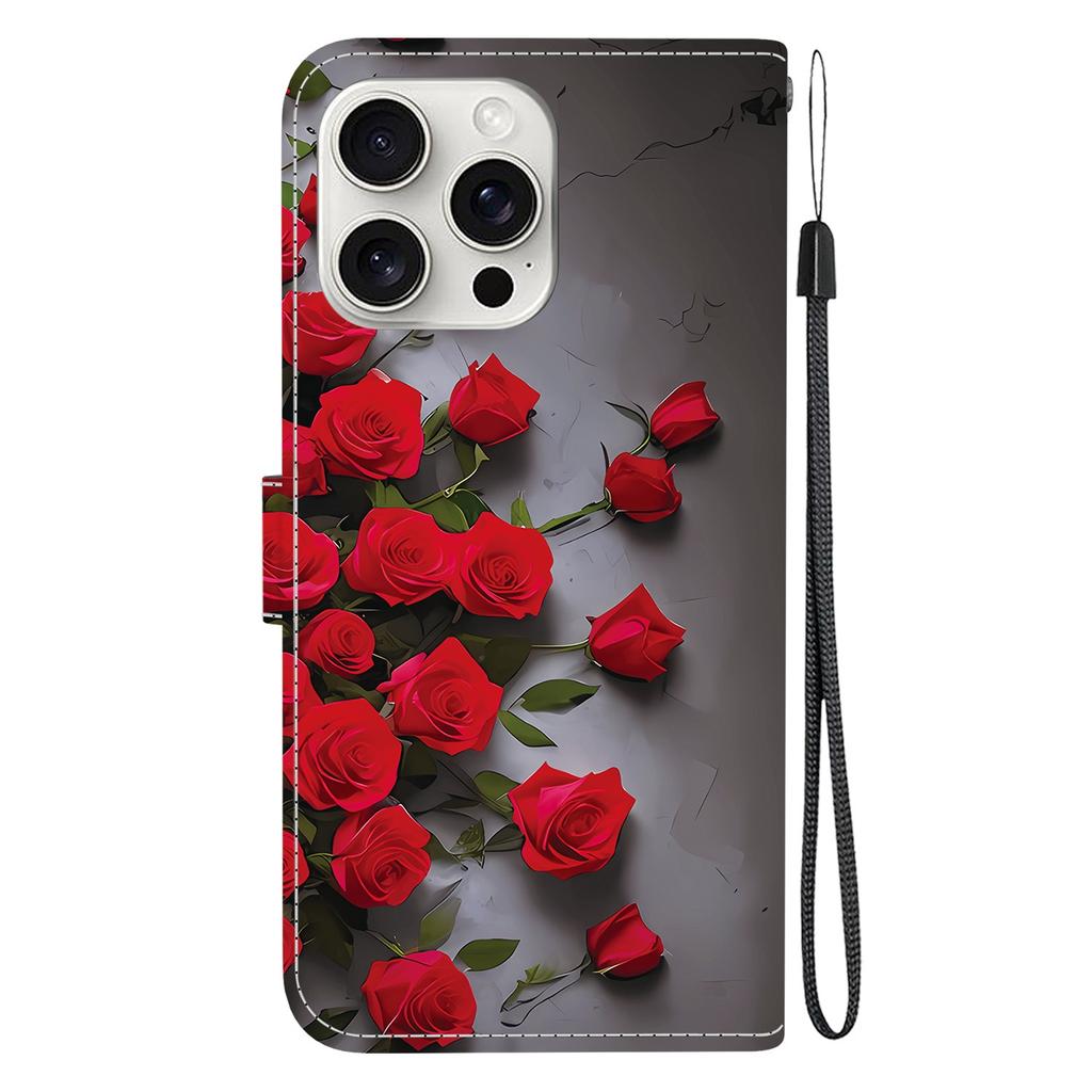 For iPhone 16 Pro Leather Case Stand Wallet Pattern Printing Phone Cover with Wrist Strap