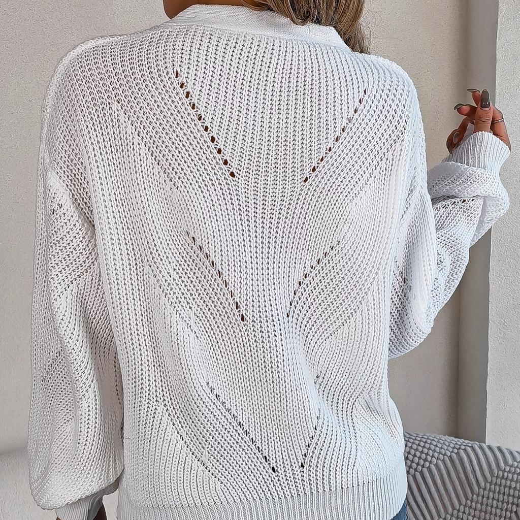 GMXIA Women's Fashion Casual Solid Color Autumn Winter Long Sleeve V-neck Loose Hollow-out Button Lantern Sleeve Pullover Sweater