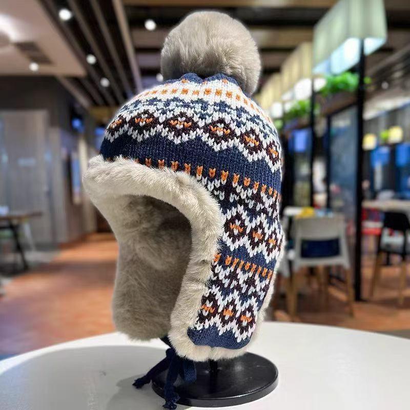 Winter Knit Warm Hat With Ear Flaps Thick Fleece Lined Beanie Women Men Striped Foldable Ski Cap
