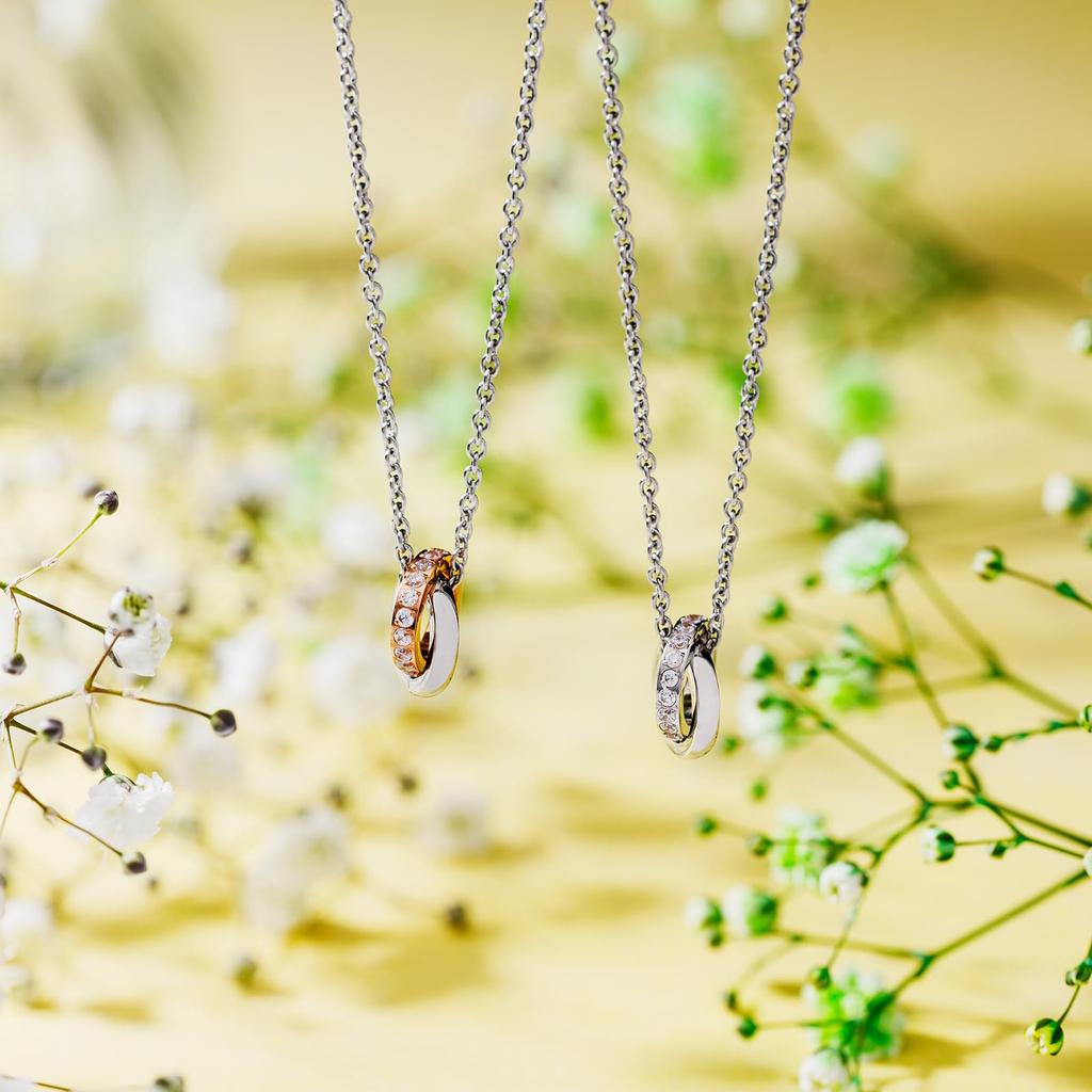 Парный набор ожерелий из 2 шт. Хирургическая сталь 316L Кубический цирконий Двойное кольцо Розовый Серебристый [White Clover] 40см/45см & 4SUP112GO&4SUP112SV