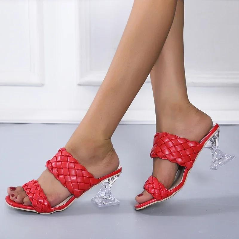 Fashion Summer Women Mules Design Slippers Sandal Slides Braided Cord 7cm Transparent Heels Women Shoes Female Size36-43
