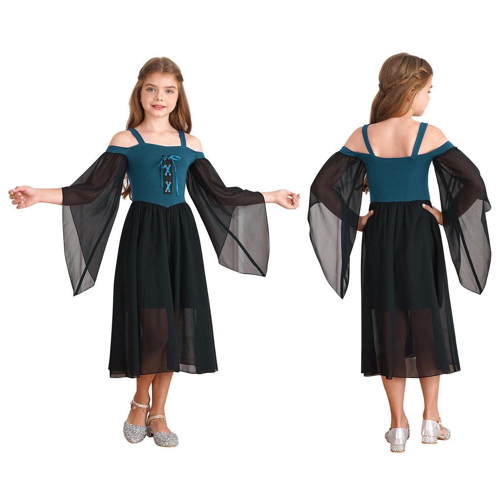 Kids Girls Medieval Princess Costume Renaissance Robe Gown Square Neck Halloween Cosplay Fancy Dress