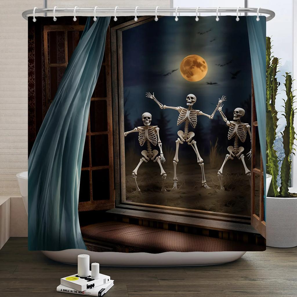 Хэллоуин Занавеска для душа Ужас Лунная ночь Тыква Череп Скелет Страшный Замок Ведьма Призрак Кладбище Водонепроницаемые Занавески для ванной