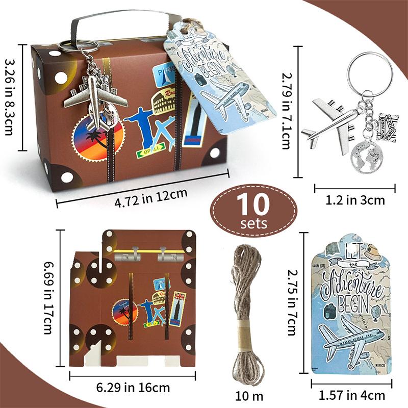 10 наборов мини-чемоданов, подарочных коробок, конфет, подарочных коробок для вечеринки с брелками в виде самолета и дорожных билетов для свадебной вечеринки