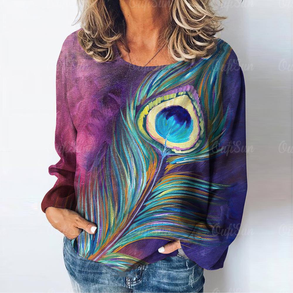 Summer O Neck Women T-Shirts Peacock Feather Graphic Fashion Long Sleeve Harajuku Y2k Top Oversized Casual Female Cotton T Shirt