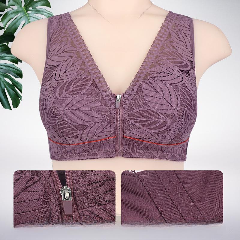 Мягкий хлопковый бюстгальтер с чашечками спереди, застегивающийся на молнию, для женщин среднего и пожилого возраста, без стального кольца, кружевной бюстгальтер большого размера