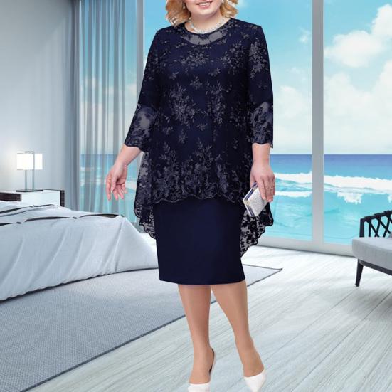 Lady Petticoats Plus Size O-neck High-Waist Plus Size Midi Dress Embroidery Lace 3/4 Sleeve Lady Evening Dress Female Clothing