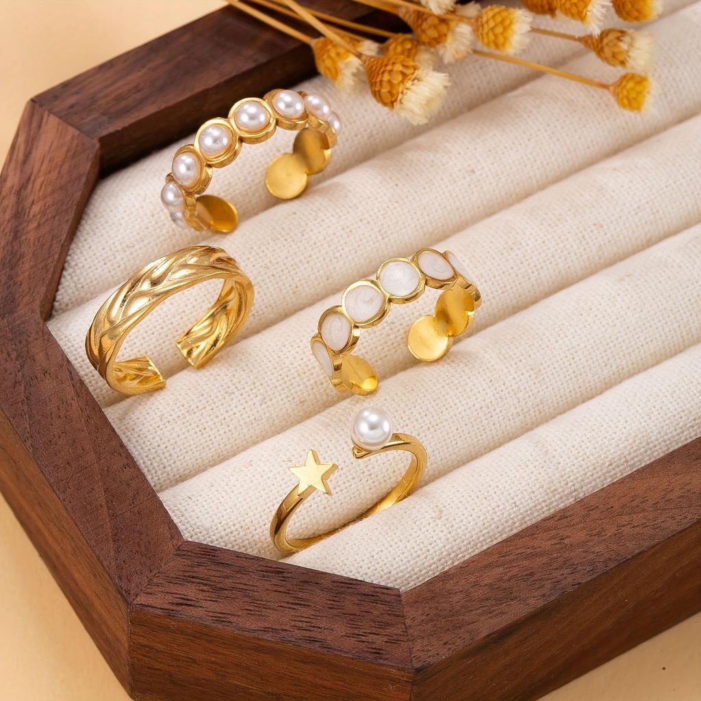 Кольцо из нержавеющей стали, открытое кольцо с жемчужиной-каплей гидравлического масла, модная бижутерия класса люкс с покрытием из 18-каратного золота, ювелирные изделия из титановой стали