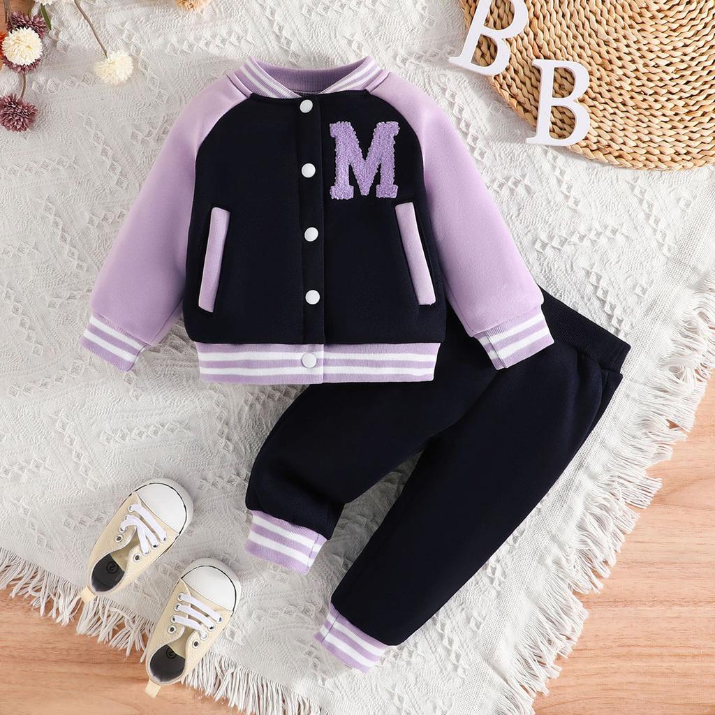 KidsJacket Set New Baseball Uniform Letters Long-sleeved Jacket Solid Colour + Trousers Two-piece Children's Suit 6M-3Y