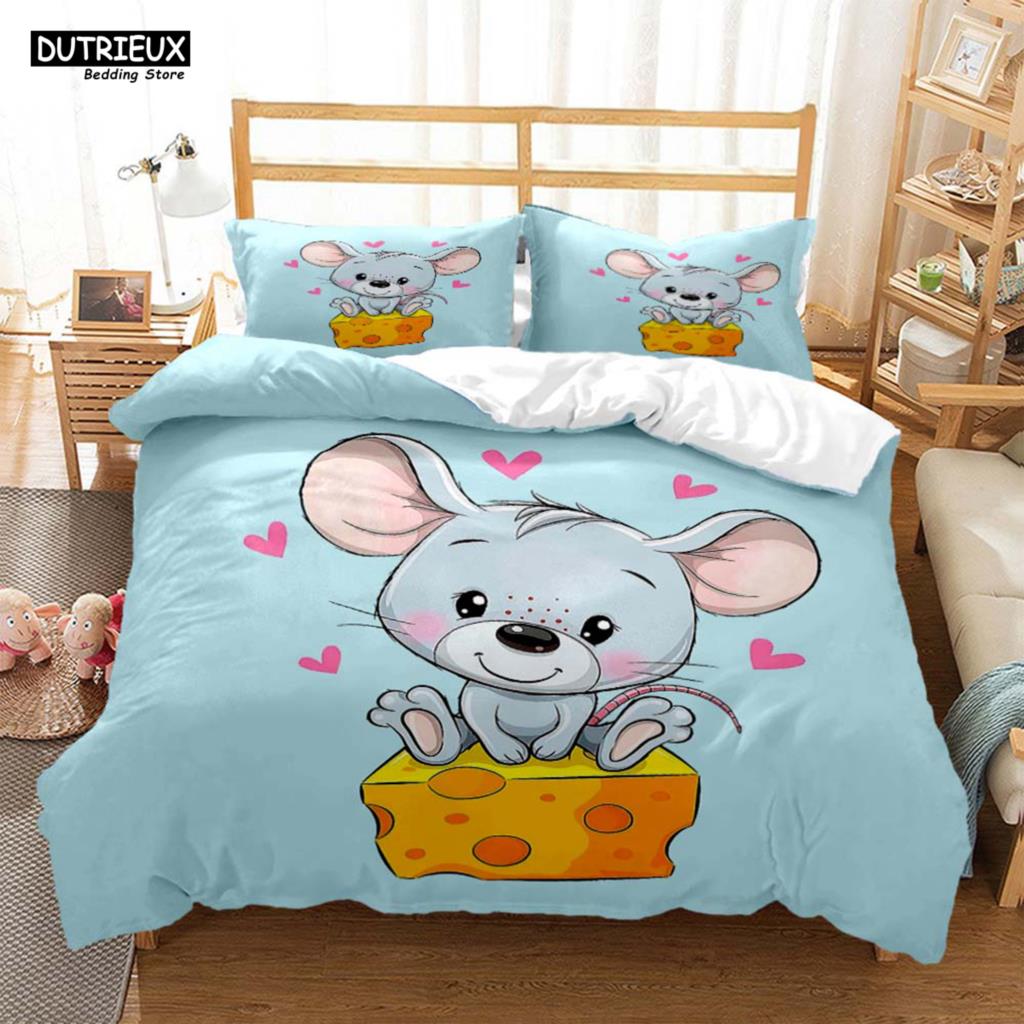 Милый мультяшный принт с мышкой, комплект из трех предметов, мягкий и удобный комплект постельного белья размера «king size», комплект постельного белья