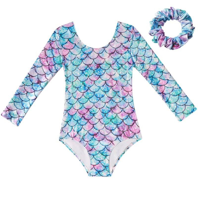 От 3 до 13 лет детский гимнастический купальник с принтом рыбьей чешуи, весенне-летний цельный боди с длинными рукавами, костюм
