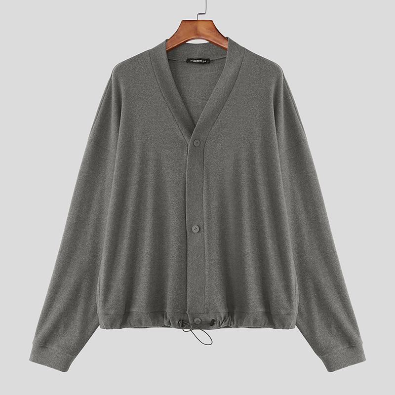 INCERUN Oversized Men V Neck Long Sleeve Buttons Up Drawstring Knit Cardigan Tops