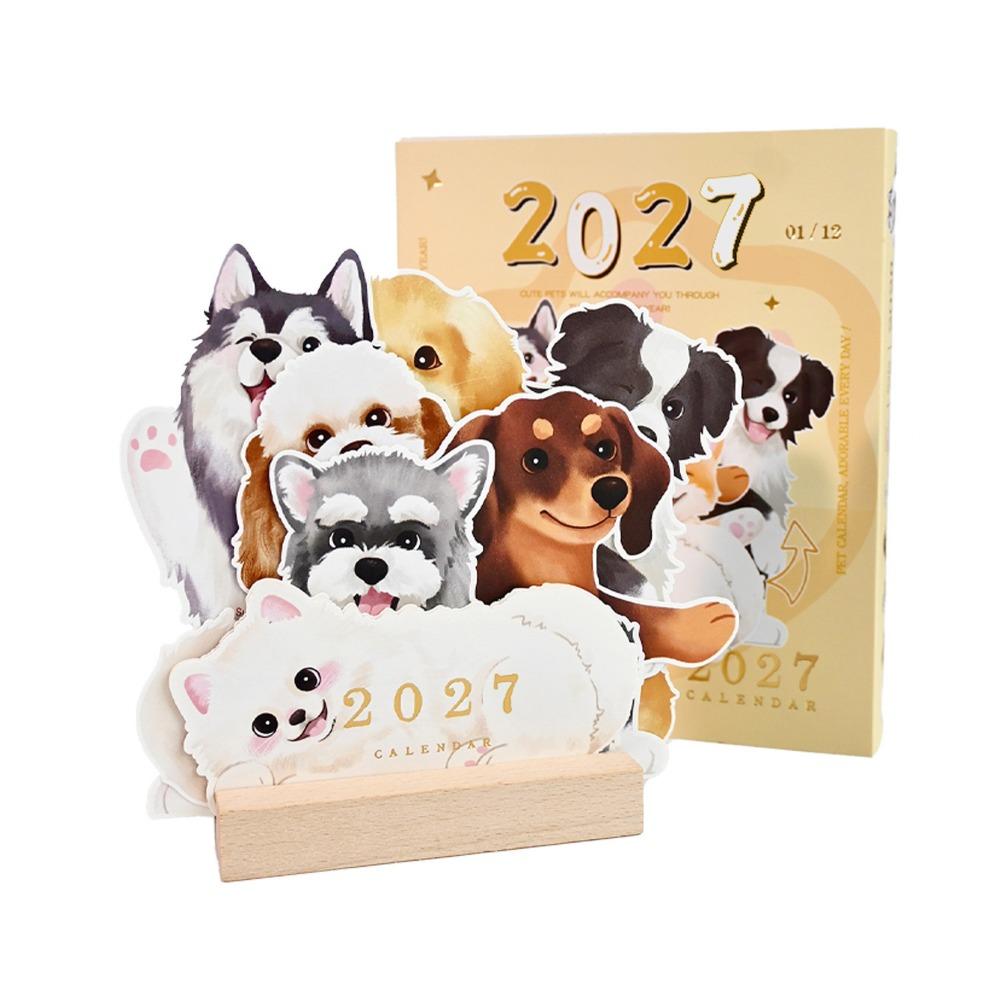 Pop-Up 2027 Desk Calendar with Wooden Base Dog Calendar Gifts 3D Pop-Up Calendar Desktop Display