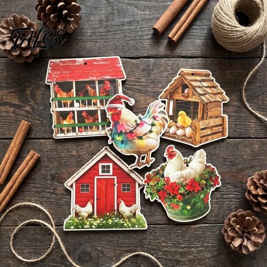 Unique Farmhouse Holiday Ornaments 10/20/30Pcs 2D Flat Chicken Wooden Hanging Ornament, Rooster Hen Coop Barn Christmas Party Farm Pendants