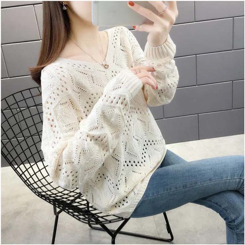 Hollow Knit Sweater Thin Women's Loose Pullover Sweet Outer Bottomed Blouse College Girl Style Hand Knitting