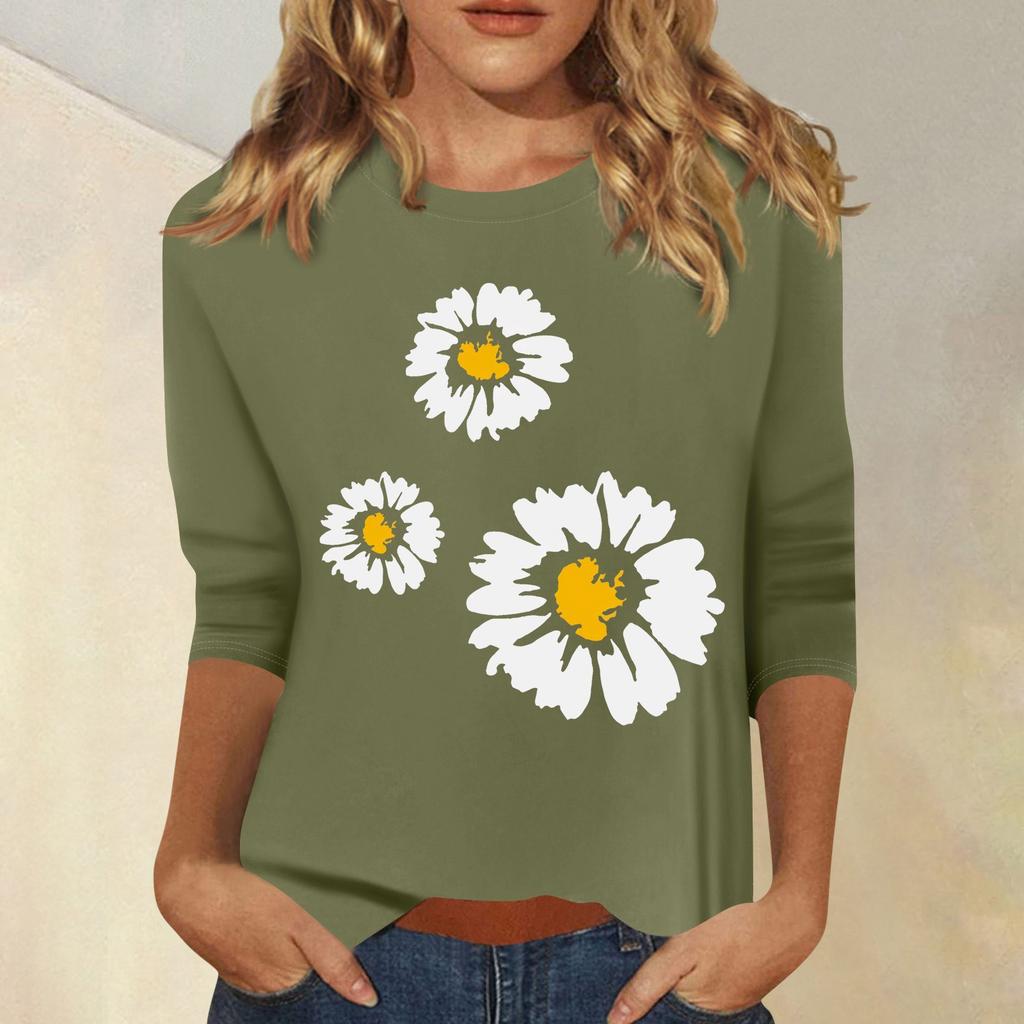 Women's Fashion Casual Printed Seven Sleeve Round Neck Top