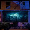 Halloween garage door banner background, full moon horror cemetery landscape with bats, polyester, holiday wall decoration