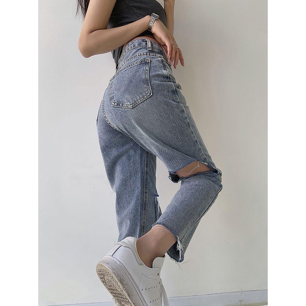 Модные рваные джинсы 2023 оверсайз для женщин и прямые брюки с высокой талией