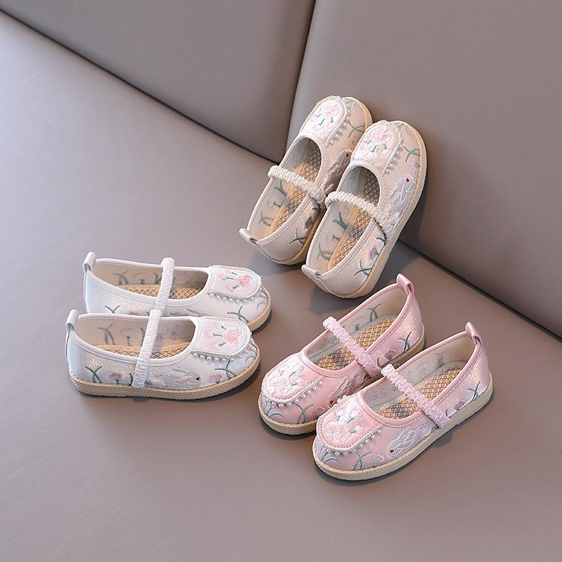 Детская традиционная обувь ханьфу в китайском стиле для девочек, вышитая цветочная обувь с кроликом, детская обувь для принцессы, танцевальная обувь на плоской подошве