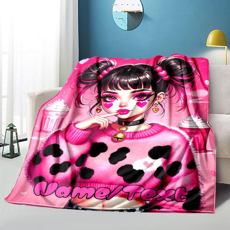 1PC Custom Name Pink Heart Fashion outdooor Flannel blankets Throw Blanket All-Season Throw Gift Bedspread for Couch, Bed, Camping Holiday Birthday gi