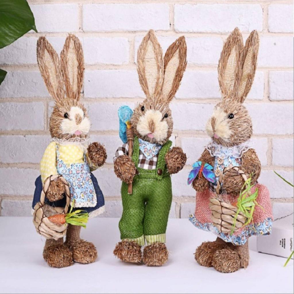 2x Artificial Straw Rabbit Souvenir Bunny Figurine Easter Straw Bunny Ornaments for Easter Holiday Party Household Decoration