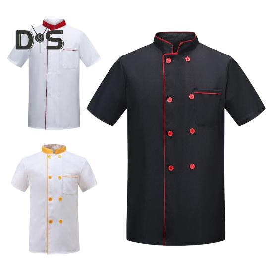 Летняя униформа шеф-повара, двубортная, с короткими рукавами, унисекс, воротник-стойка, мягкая, дышащая, устойчивая к пятнам, свободная, для повара, для кухни, пекарни, ресторана, столовой.