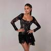 European & American Sexy Lace Mesh Dress with Fishbone Waist Cincher – Long-Sleeved, Autumn/Winter Short Skirt