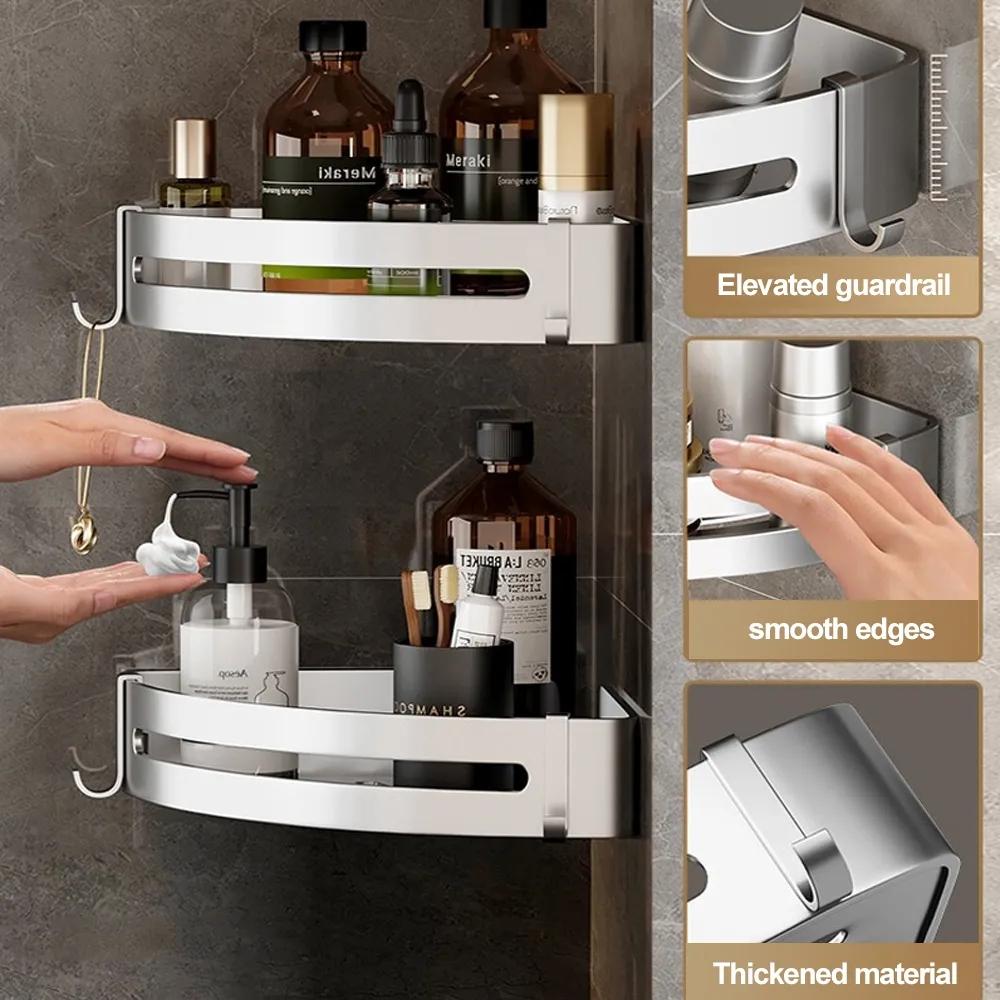 Bathroom Shelves No Drill Shampoo Storage Rack Wall Mounted Shower Corner Shelf Space Aluminum Kitchen Organizer Rack