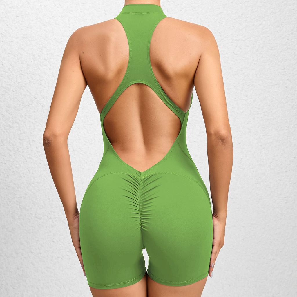 Сексуальный открытый спина Scrunch Butt спортивный комбинезон короткий женский цельный спортивный костюм без рукавов на молнии фитнес-комбинезон для йоги комбинезон