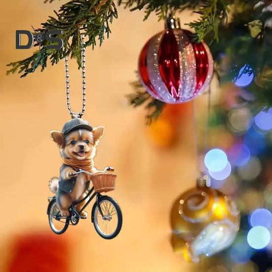 Украшения для рождественской елки, реалистичный щенок, едущий на велосипеде, подвеска, 2D, плоская, с двойной печатью, акриловое подвесное украшение для елки, домашний декор