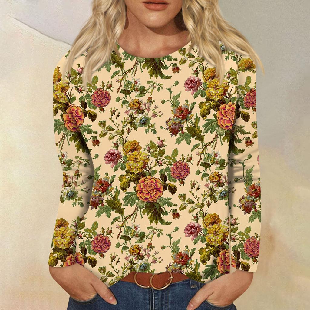Женская мода, повседневная блузка с длинным рукавом и цветочным принтом, пуловер с круглым вырезом
