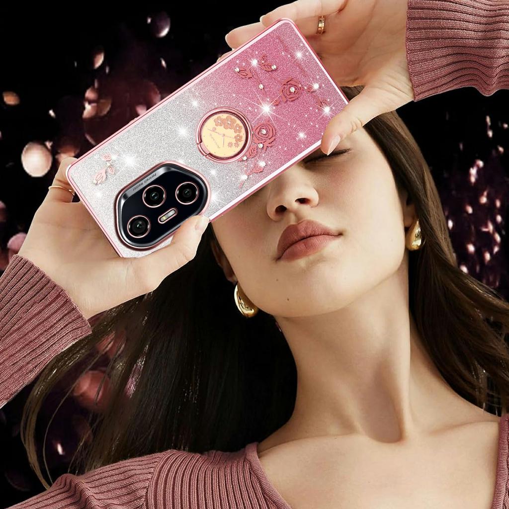 KADEM For Honor 400 Pro 5G (Global) Case Ring Kickstand TPU Flowers Phone Cover Gradient Glitter