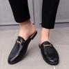 Fashion British Style Men Casual Leather Half Drag Shoes Fashion Flat Designer Outdoor Loafers Slip On Walking Round Toe Shoes Slippers