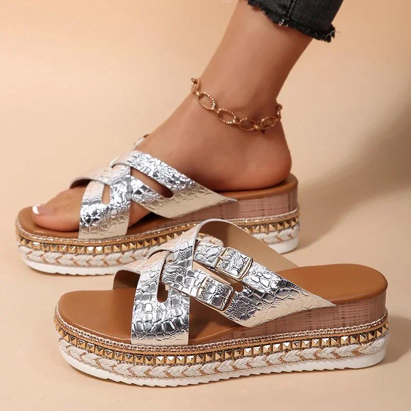 Fashion Women Shoes Fashion Cross Band Wedges Sandals Luxury Women Summer 2025 Platform Thick Bottom Slippers Plus Size Pu Leather Slide