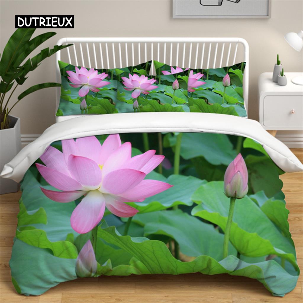 Пододеяльник с цветочным принтом лотоса King Microfiber Water Hibiscus Комплект постельного белья Flower Leaves Пододеяльник Nature Art Theme Покрывало