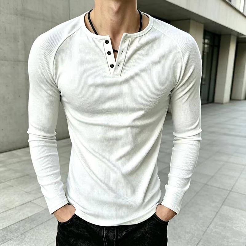 Men S Slim Fit Long Sleeve Henry Neck T Shirt Solid Color Casual Top