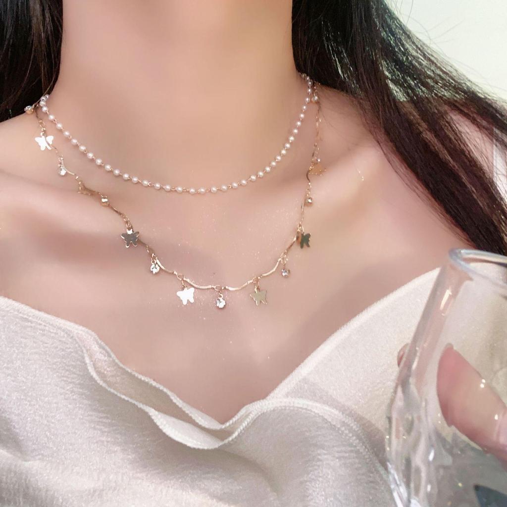 Elegant Double-Layer Butterfly Pearl Necklace with Tassel - Stylish Versatile High-End Choker