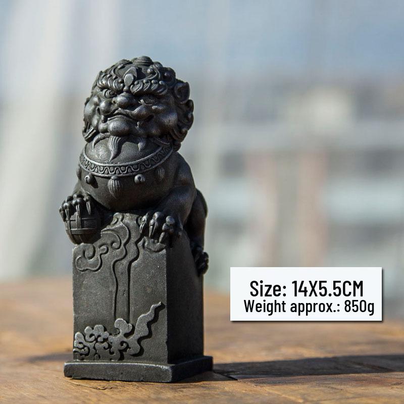 Chinese Cast Iron Stone Lion Desktop Ornament: Cultural Craft for Wealth and Protection.