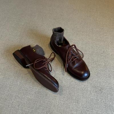 Версия из овчины~ ретро коричневые на шнуровке маленькие кожаные туфли женские с круглым носком полированные на низком каблуке удобные для работы кожаные