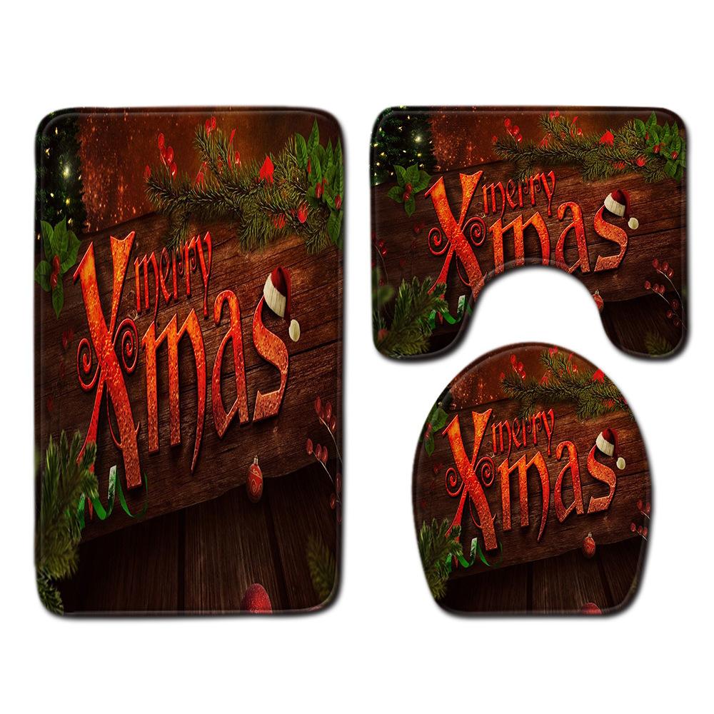 Christmas Home Shower Curtain Polyester Cloth Four-Piece Toilet Floor Mat Bathroom Non-Slip Door Mat Bedroom Carpet