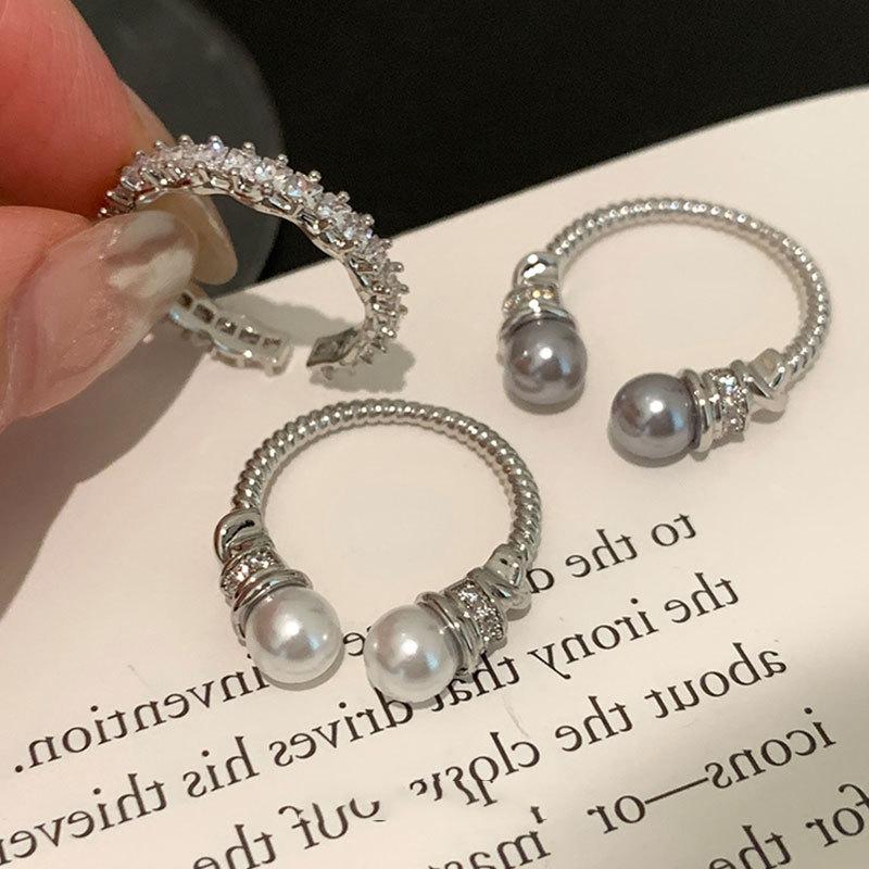 Light Luxury High-End Zircon Pearl Open Ring, Women'S Gentle Niche Fashion Temperament Commuting Versatile Ring Ring