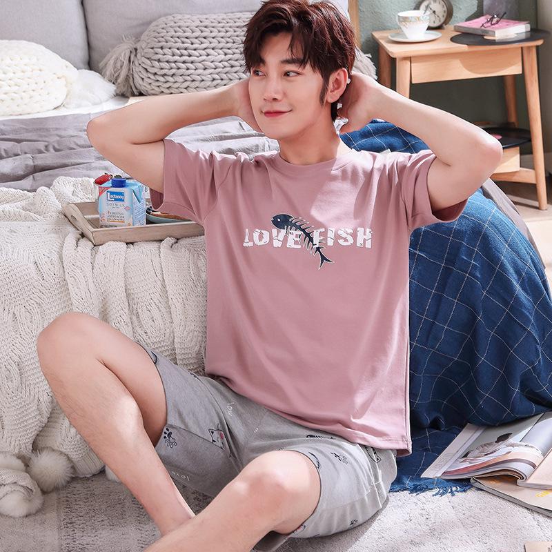 Мужской летний пижамный комплект из хлопка с рисунком – рубашка с короткими рукавами и шорты (2025)