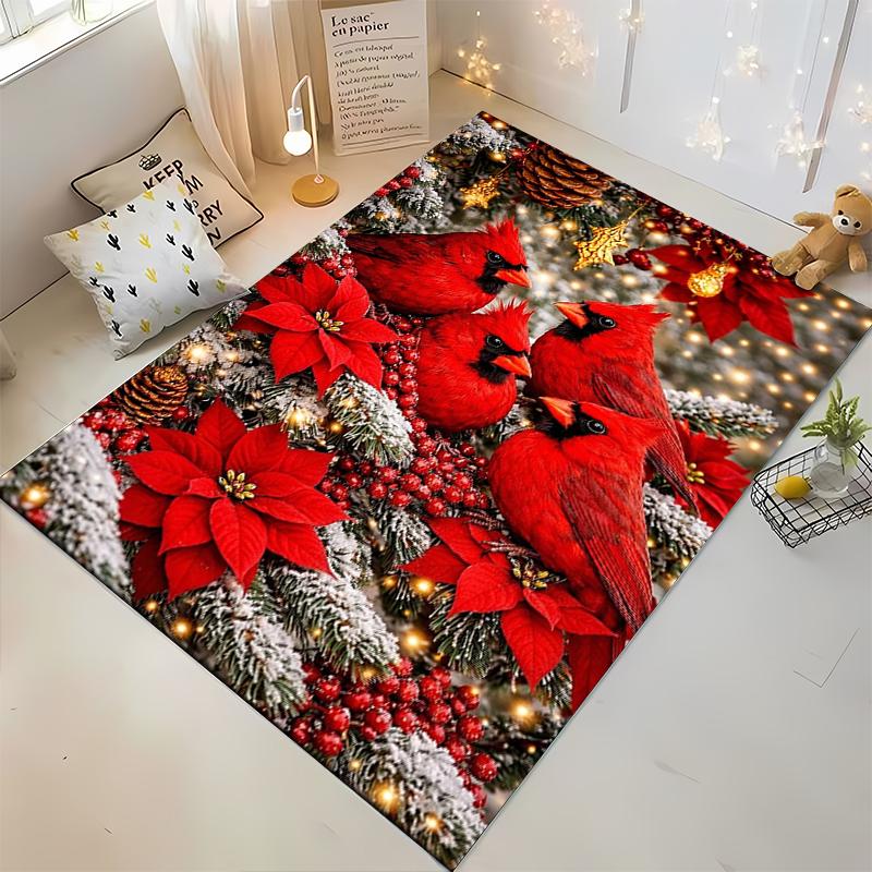 "Festive Cardinals on Pine Tree with Red Flowers Non-slip rug suitable for living room and bedroom sofas sofas"